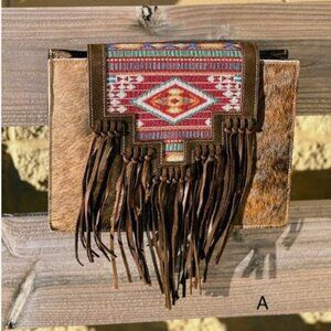 Cowhide Concealed Carry Fringe Shoulder Bag with Aztec Print Flap